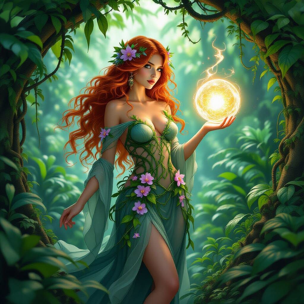 Sorceress in Jungle Clearing with Glowing Orb