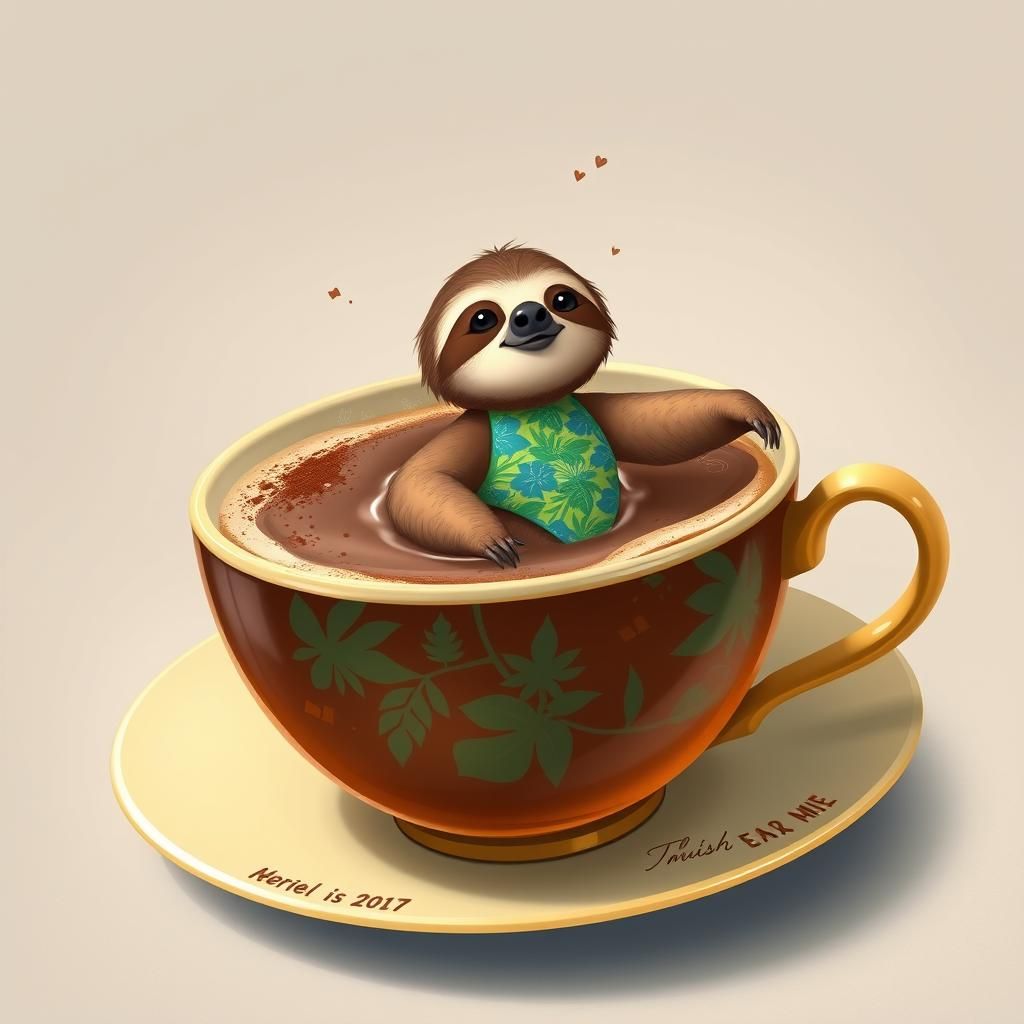 Sloth Swims in Coffee Cup: Whimsical Illustration
