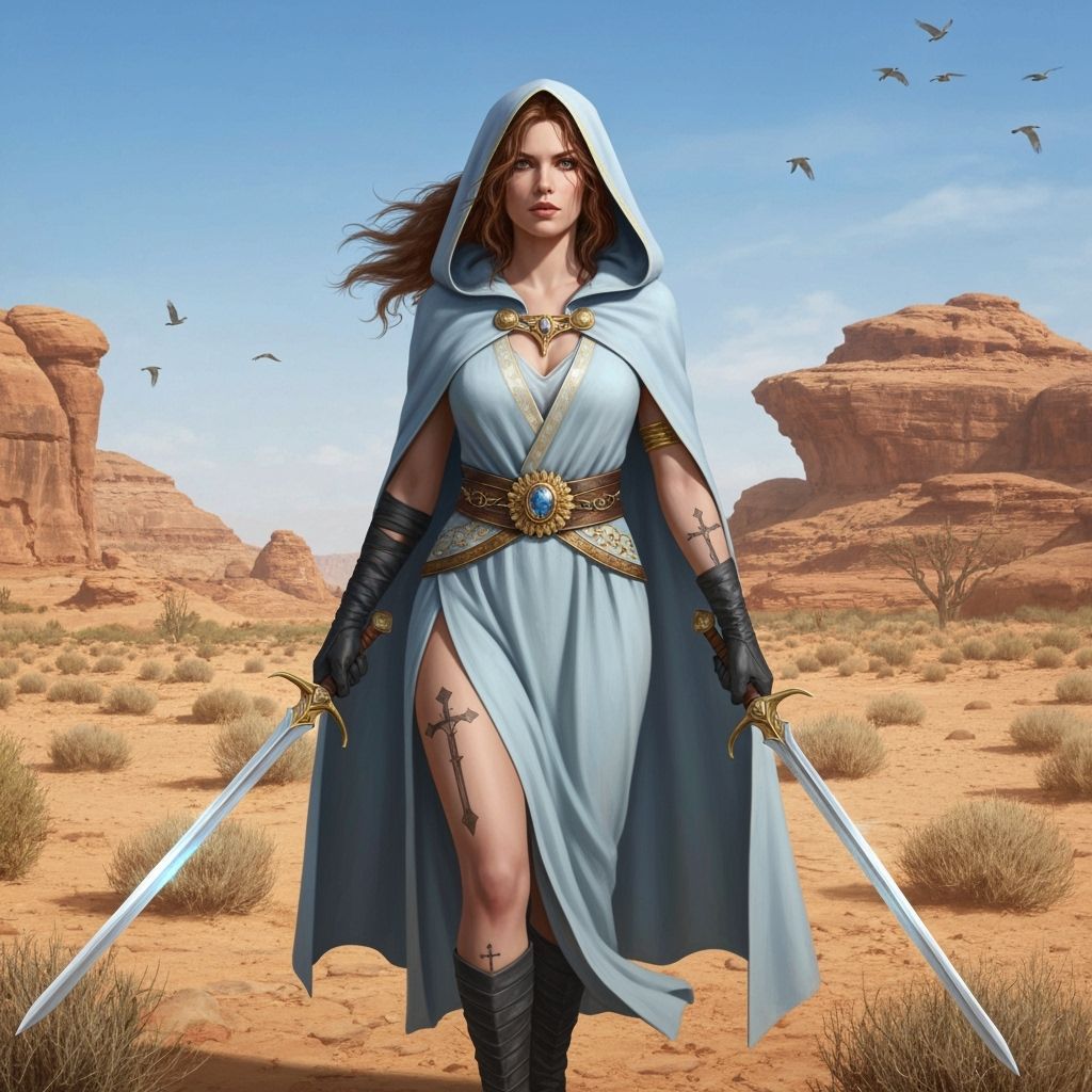 Warrior Woman in Desert Landscape with Dual Swords