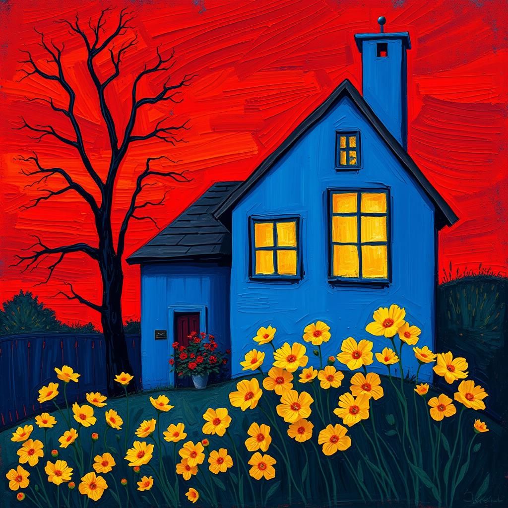Blue House with Red Sky: Folk Art Impasto