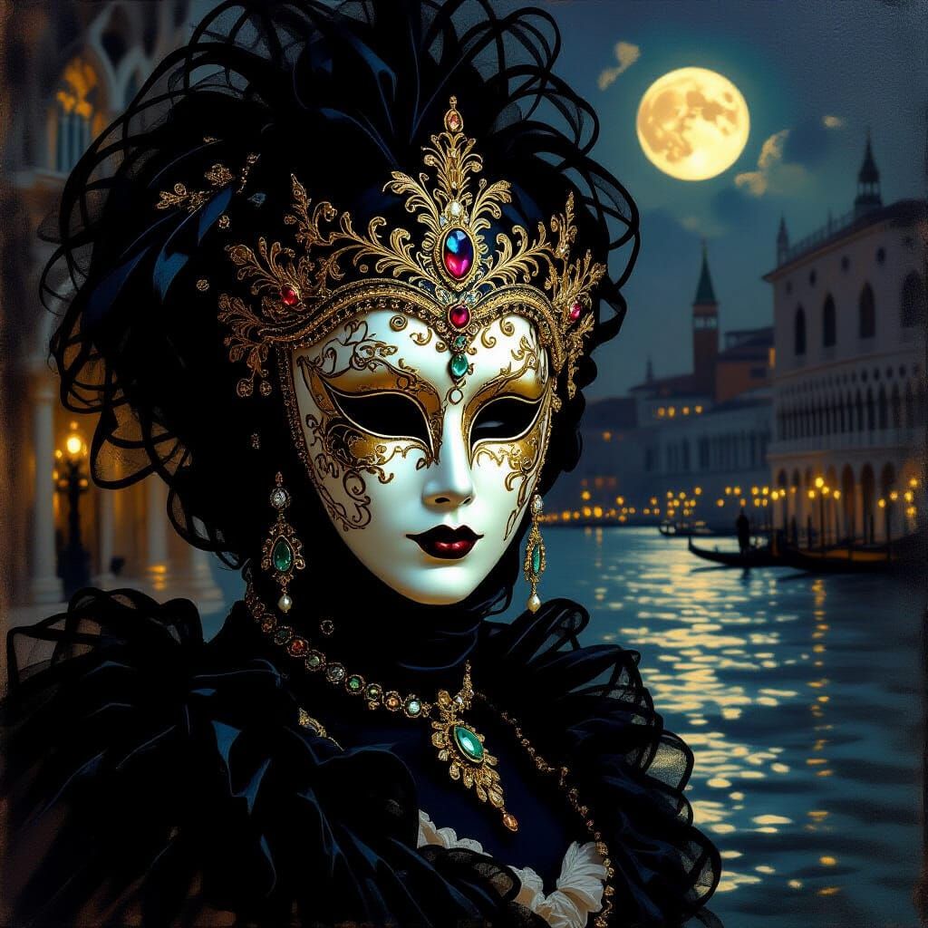 Venetian Mask in Moonlit Ballroom, Romantic Style