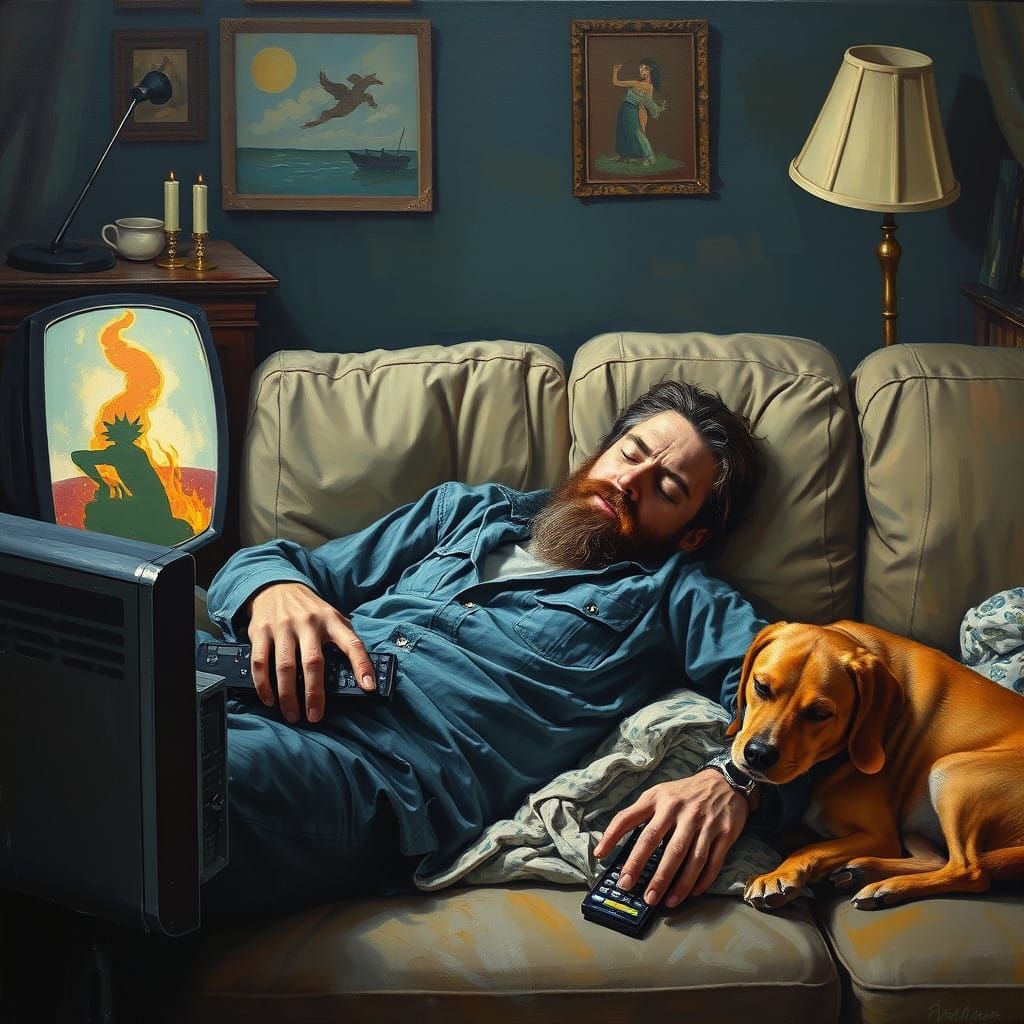 Surrealism-Inspired Gentleman at Rest in a Chaotic Scene