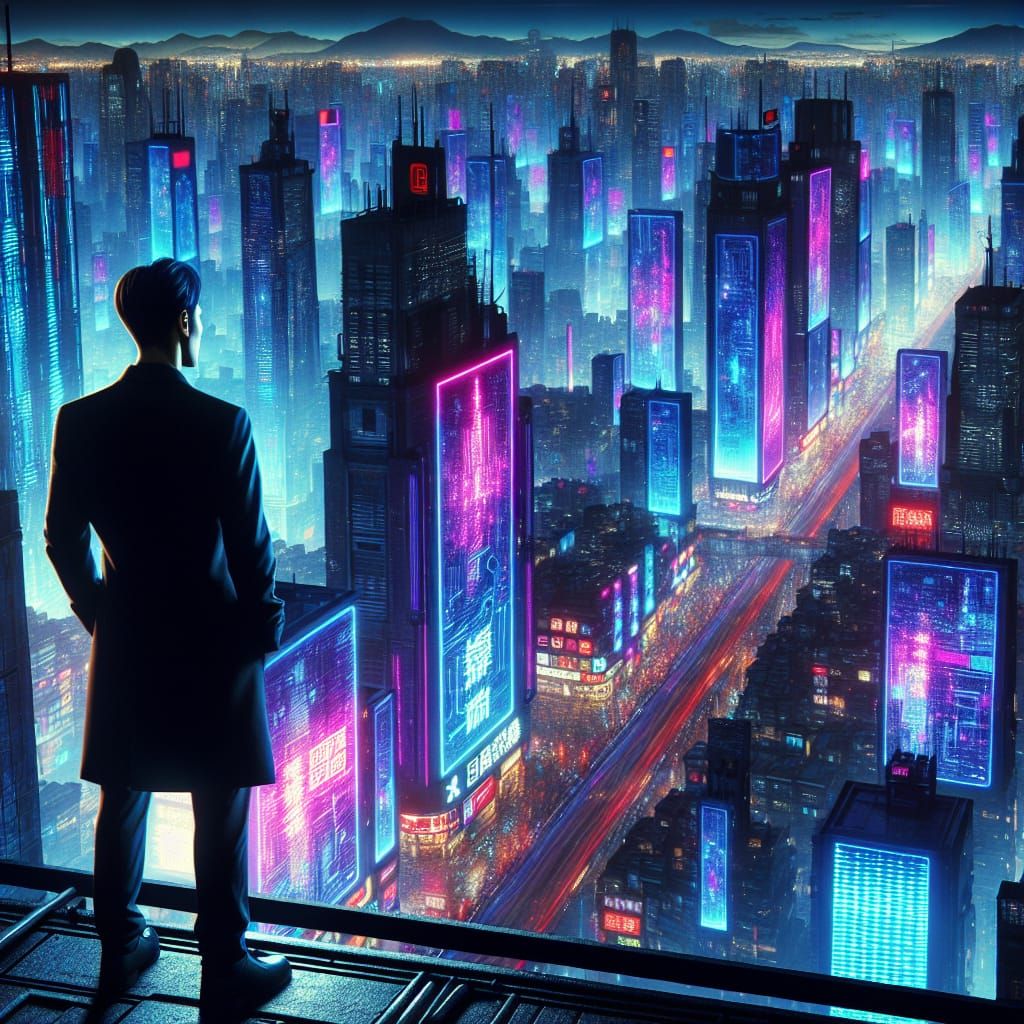 Cyberpunk Cityscape View from Skyscraper Rooftop