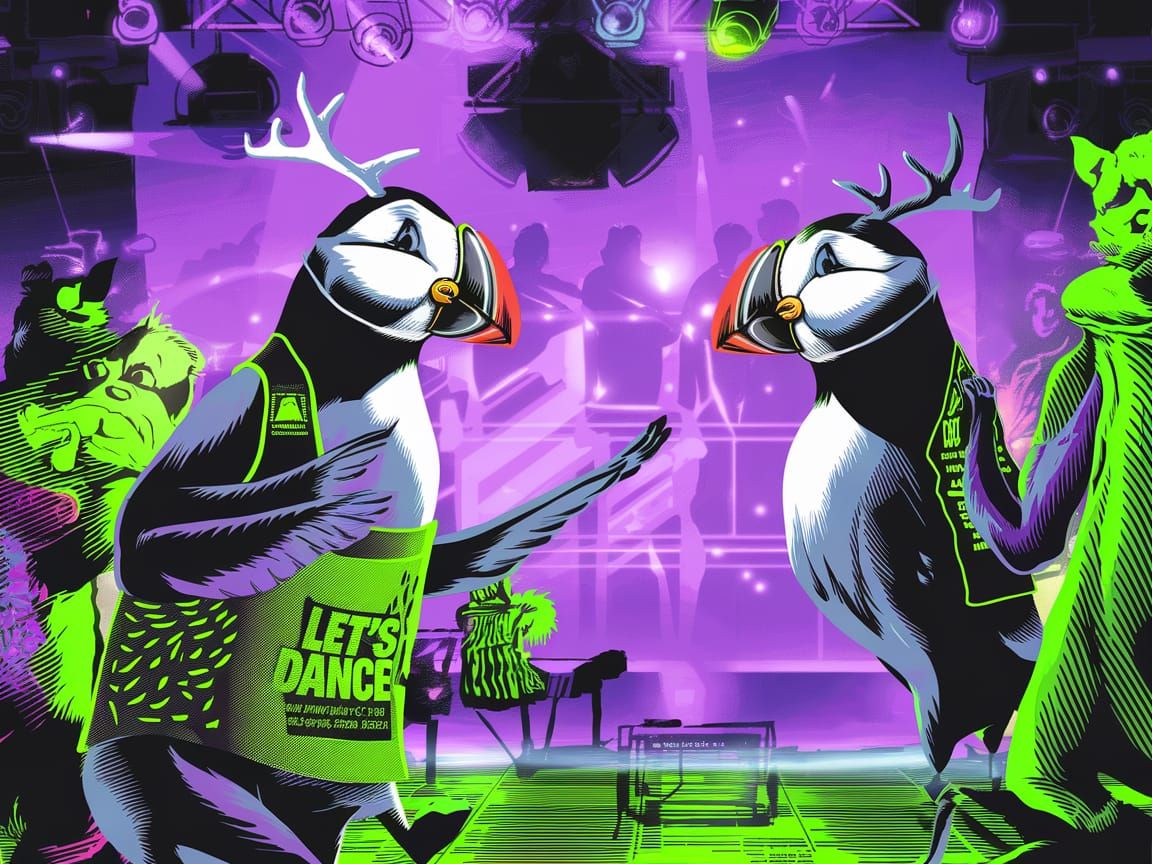 Puffin Bird with Antlers at a Techno Party