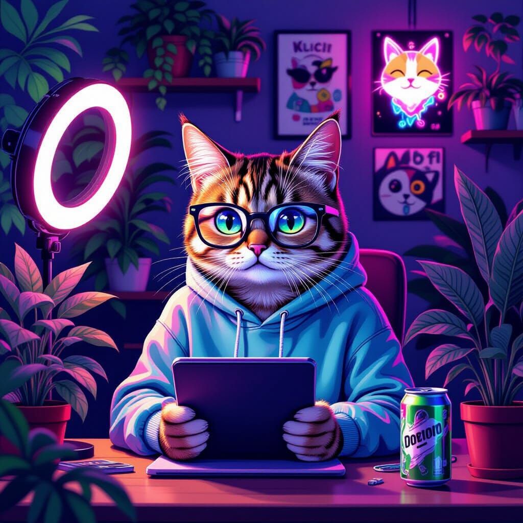 Gen Z Cat Recording Video in Neon-Lit Room
