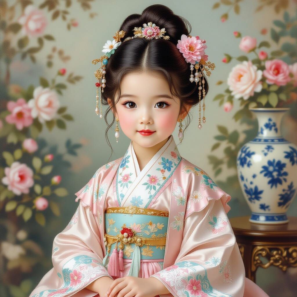 Chinese Girl in Rococo Garden, Oil Painting Style