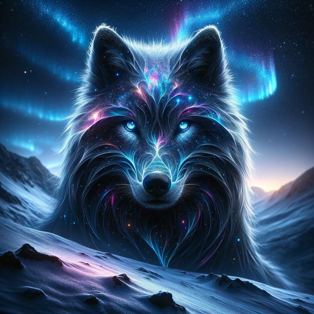 Mystical Wolf with Galaxy Patterned Coat and Northern Lights
