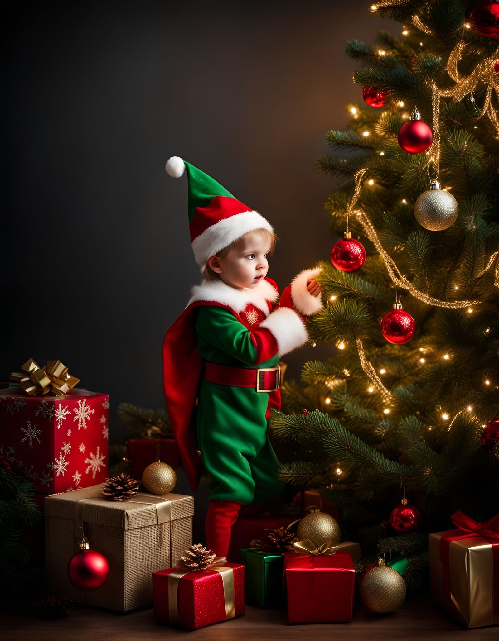 Cute Christmas Elf Decorating a Christmas Tree