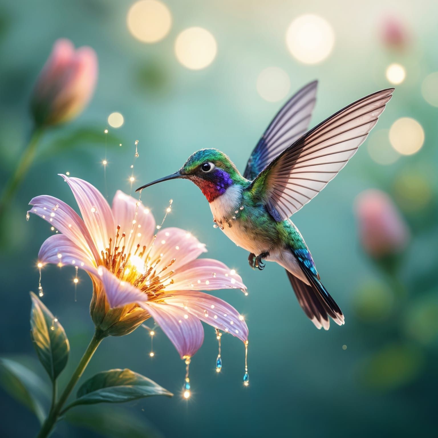 Hummingbird with Stained Glass Wings and Glowing Flower