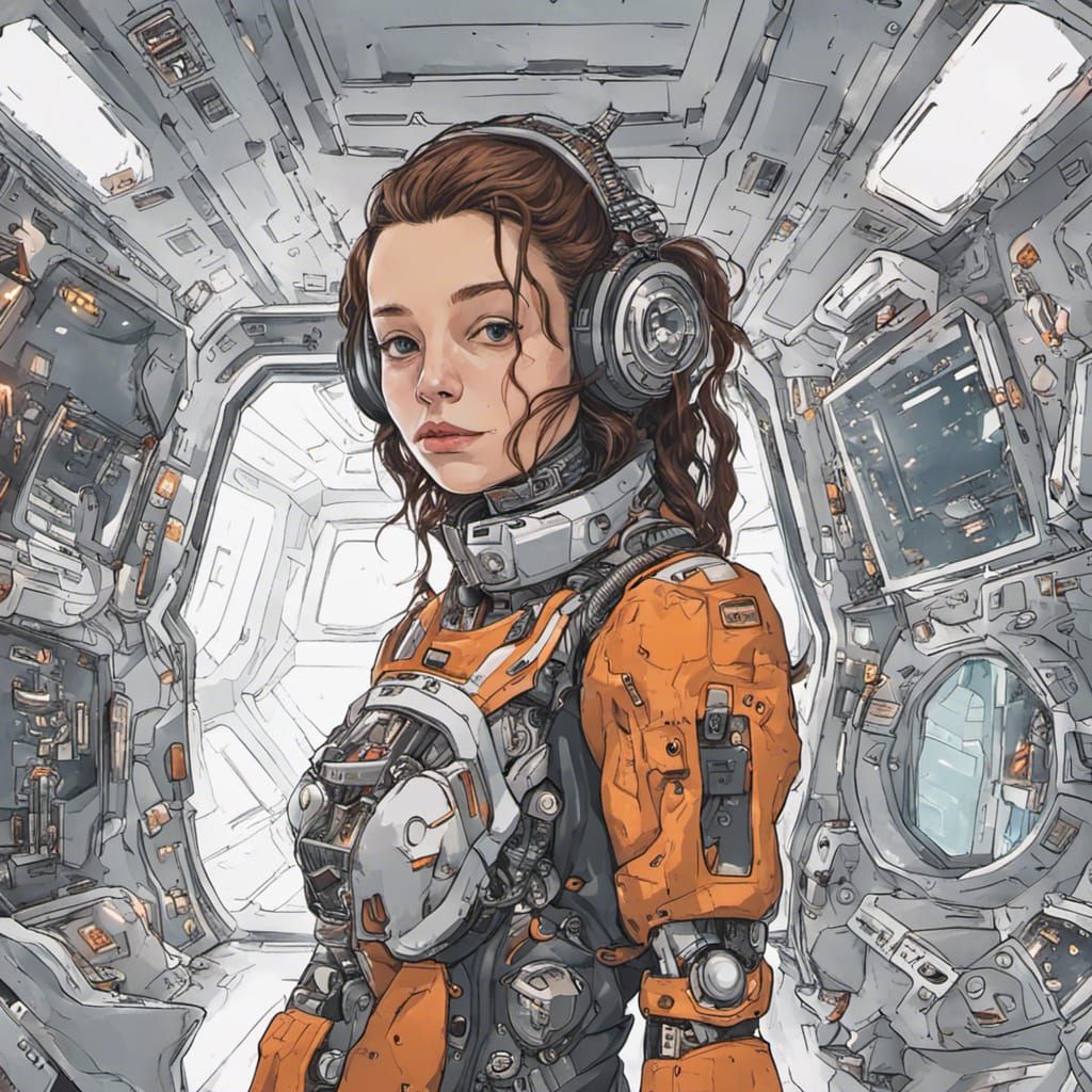 Girl in Robot Suit on Spaceship Portrait