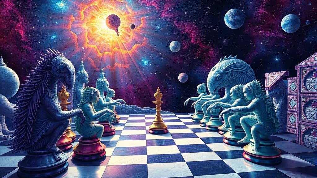Psychedelic Galaxy Cafe Utopia With Bizarre Chess Pieces