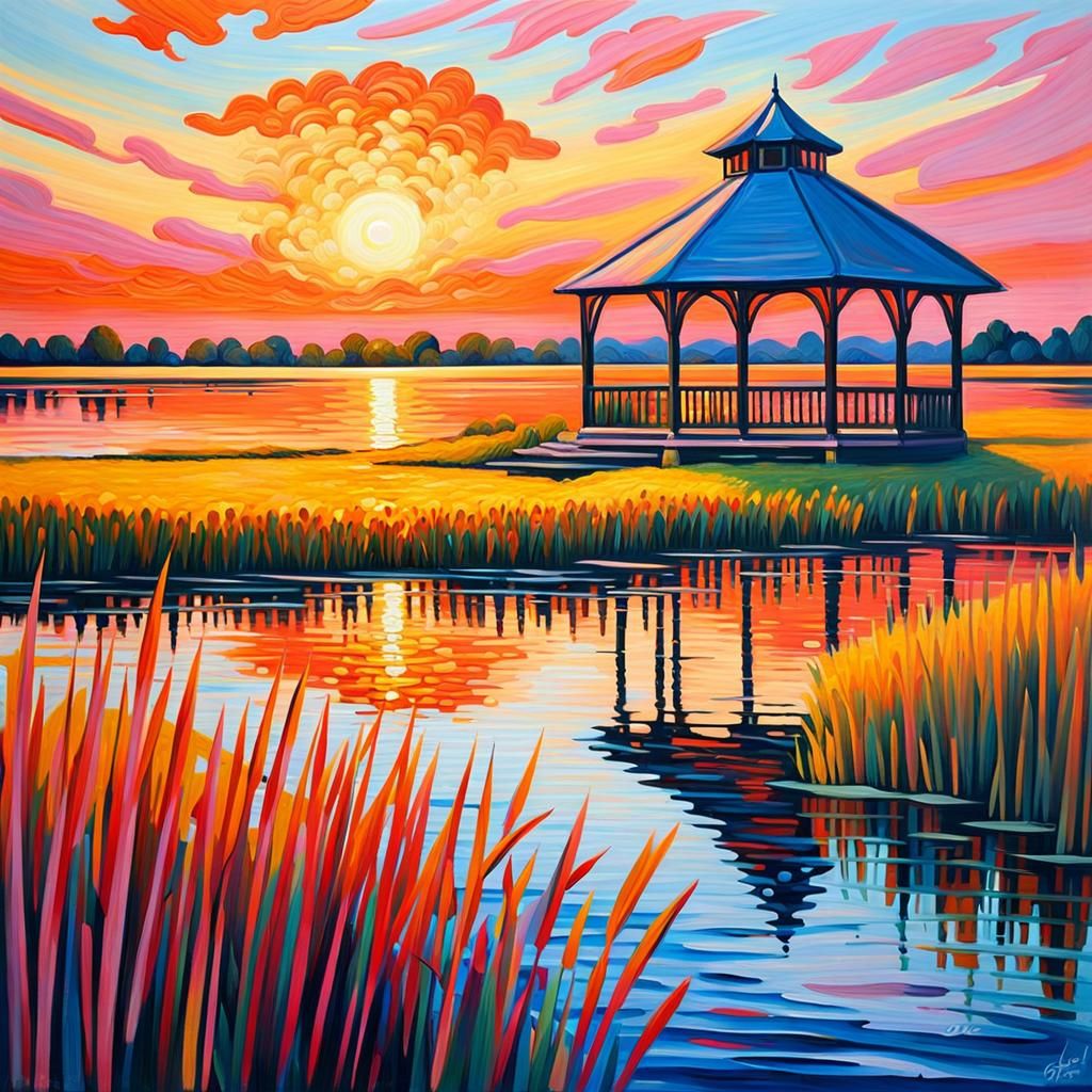 Lakeside Gazebo in Expressionist Oil Painting Style