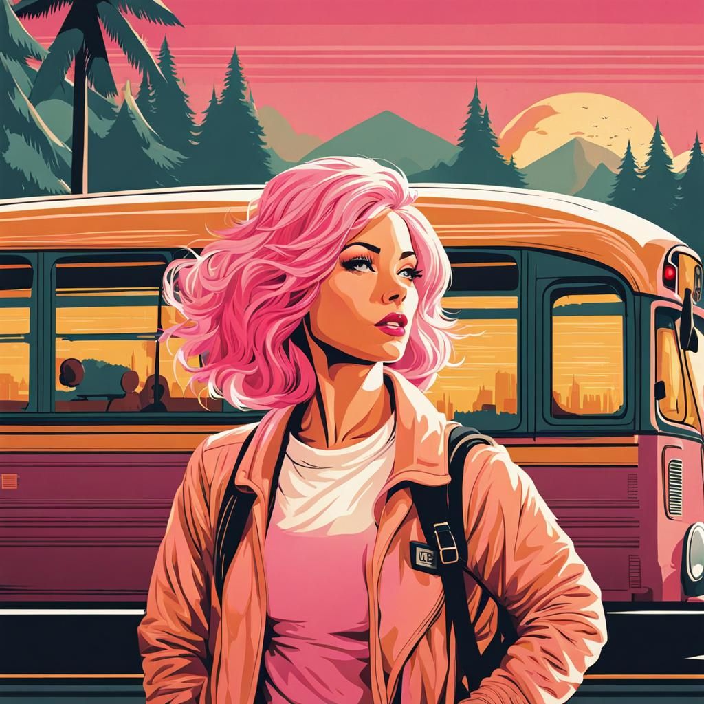Retro Poster Art of Woman Waiting for Bus