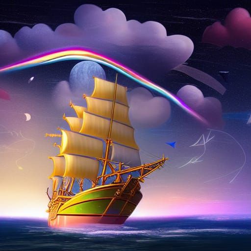 Magic Tall Ship Soaring Among Colorful Clouds