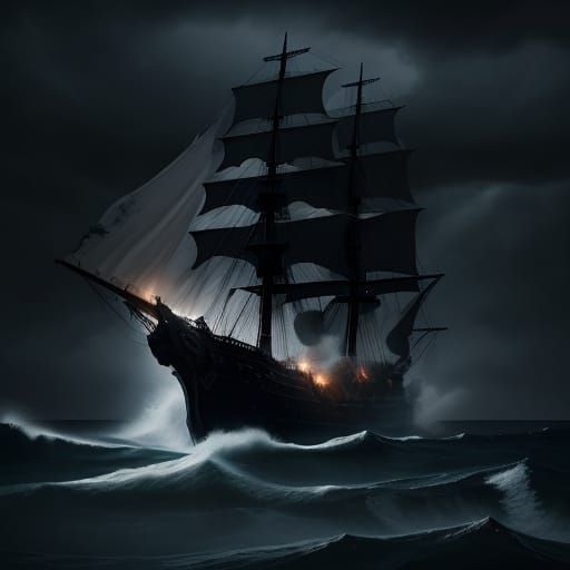 Pirate Ship Amidst Stormy Seas in Digital Art