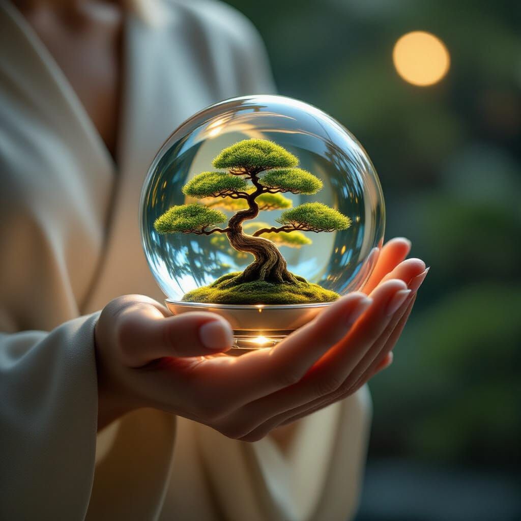 Human Hand Holds Glowing Orb with Bonsai, Sci-Fi Art