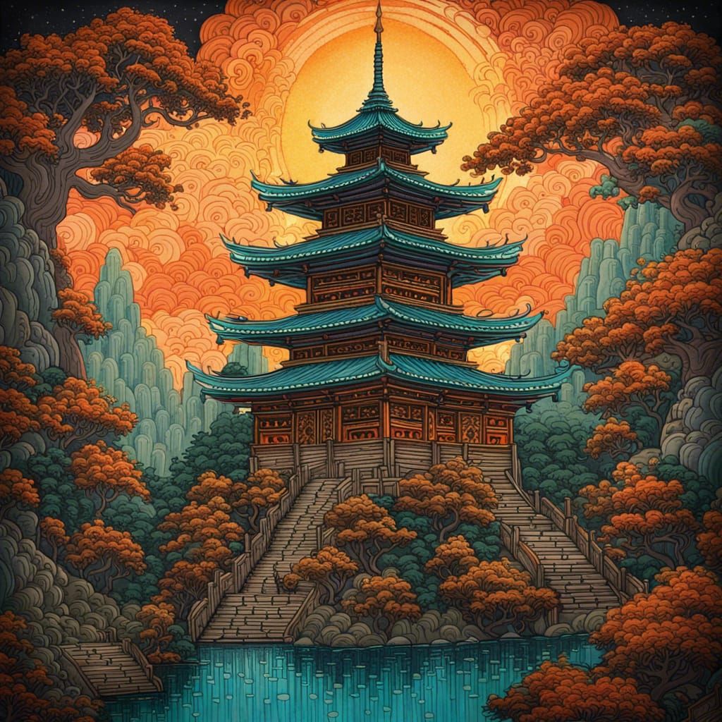 Pagoda with Portal in Detailed Illustration Style