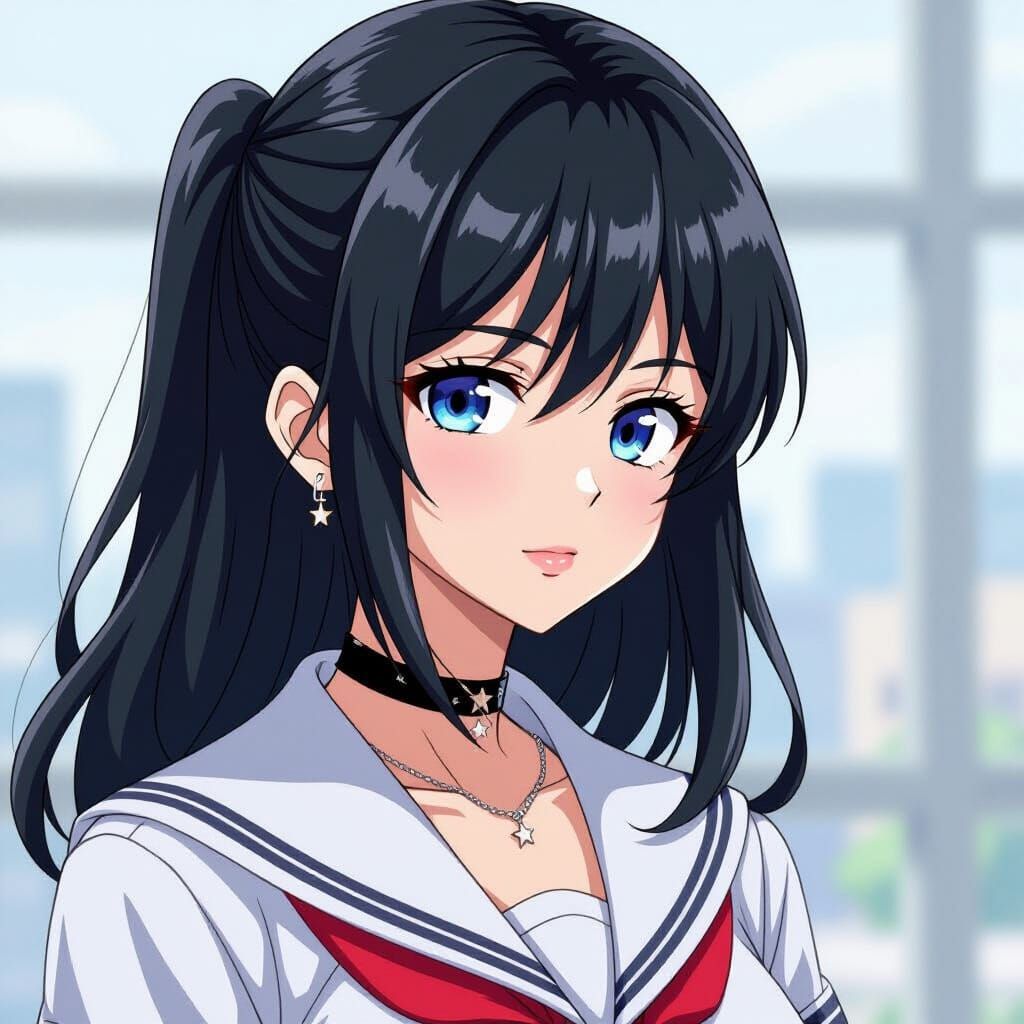 Anime School Girl with Star Necklace and Silver Earring