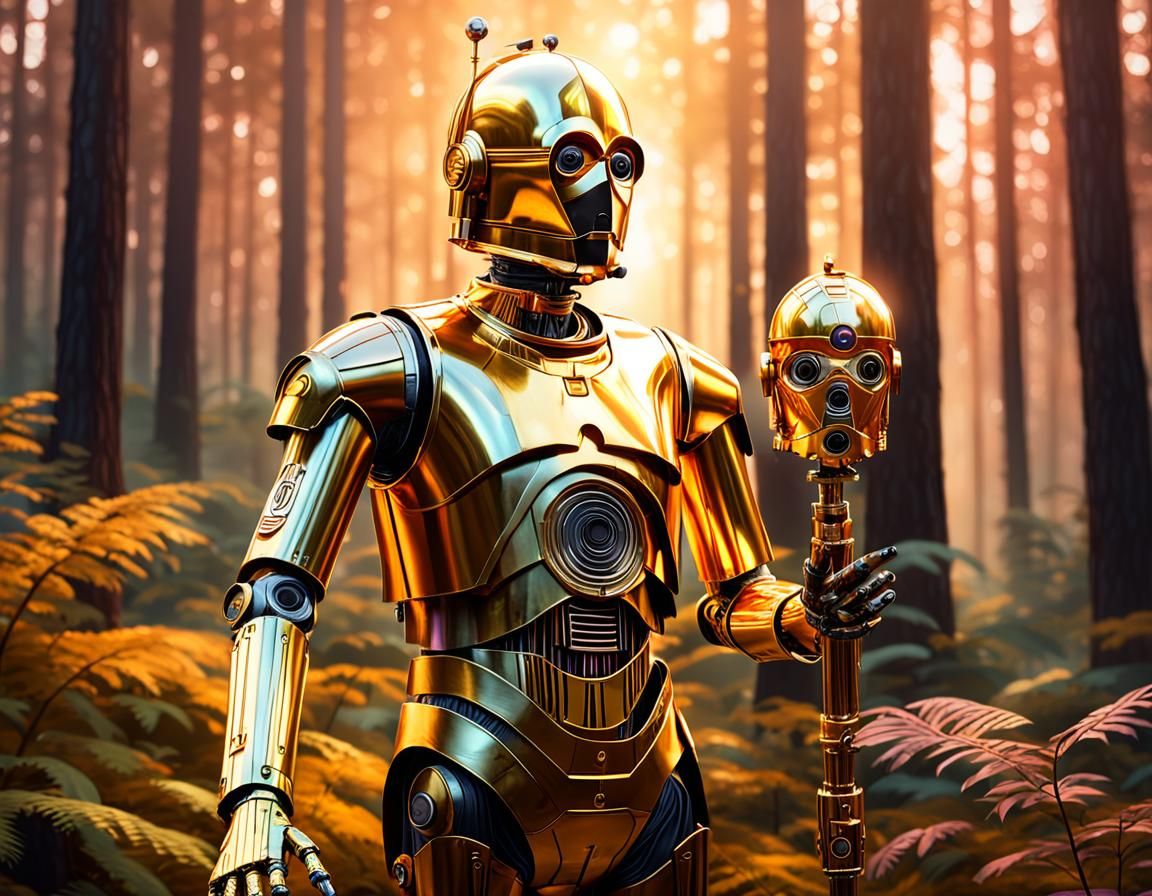 Woman in C3PO Armor in Mystical Forest