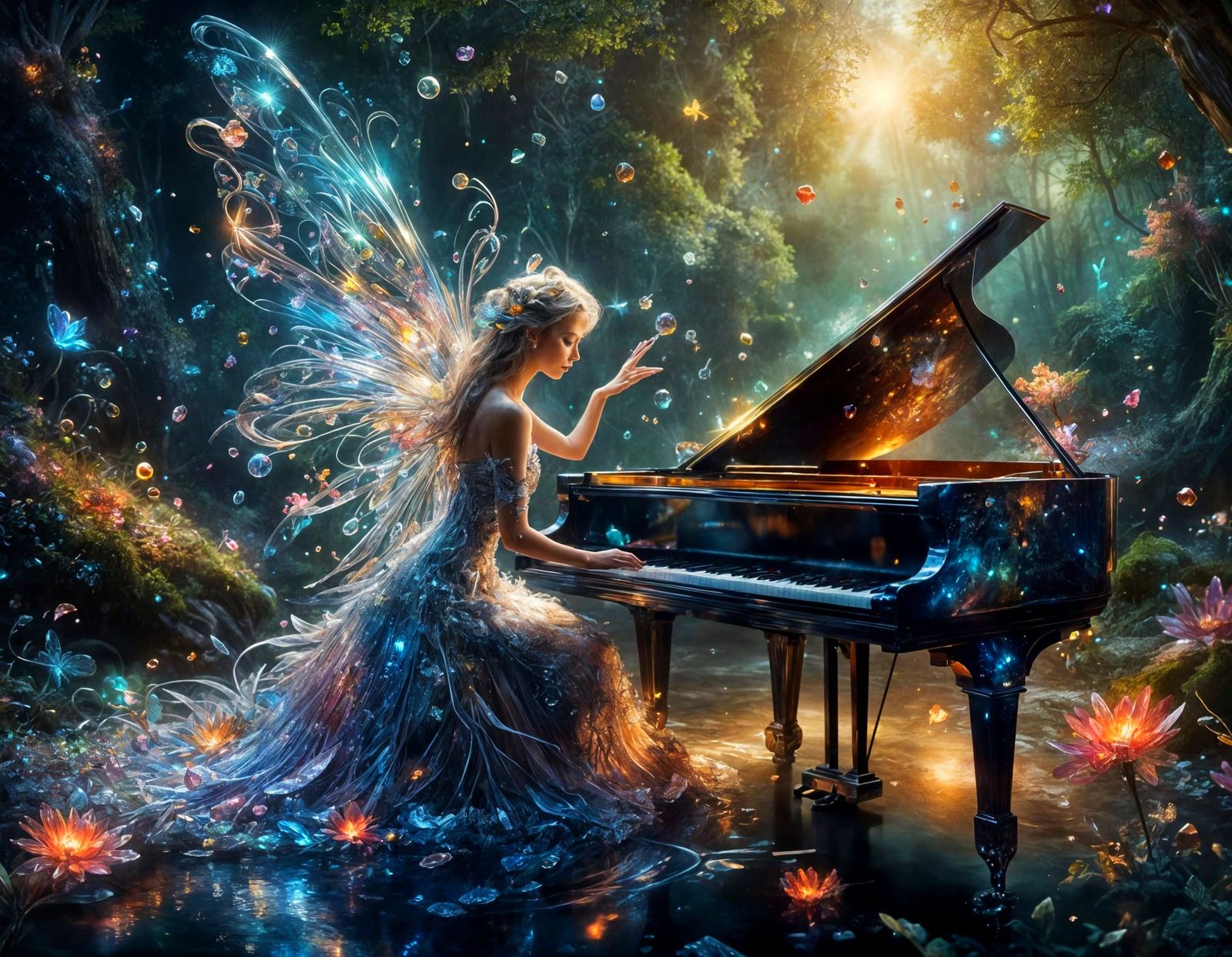 A fairy playing Piano in a beautiful magical Forest