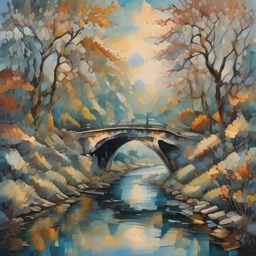 Night Scene with River and Bridge in Impressionistic Style