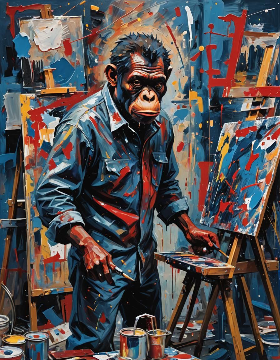 Ape Creates Expressionist Painting in Studio