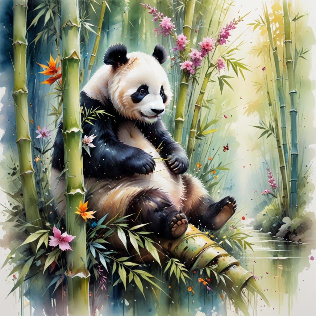Surreal Panda Amidst Vibrant Forest Bloom