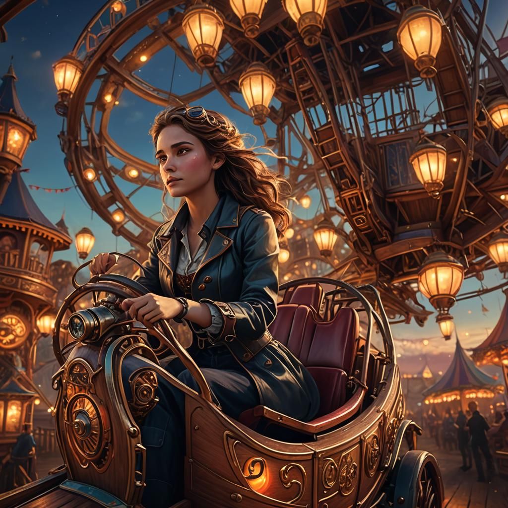 Steampunk Fairground Rollercoaster at Dusk, Dreamworks Style