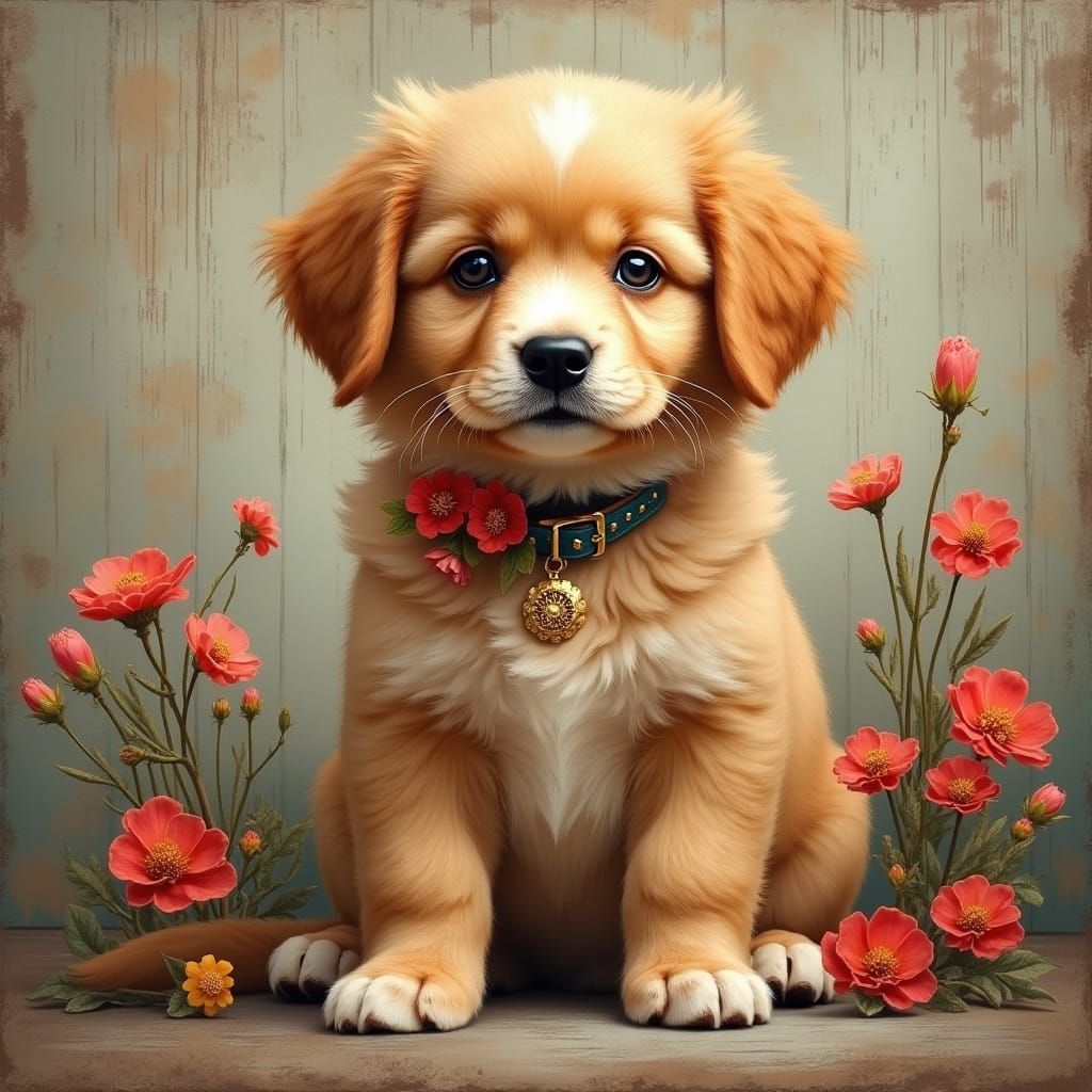 Realistic Golden Puppy Oil Painting with Wildflowers