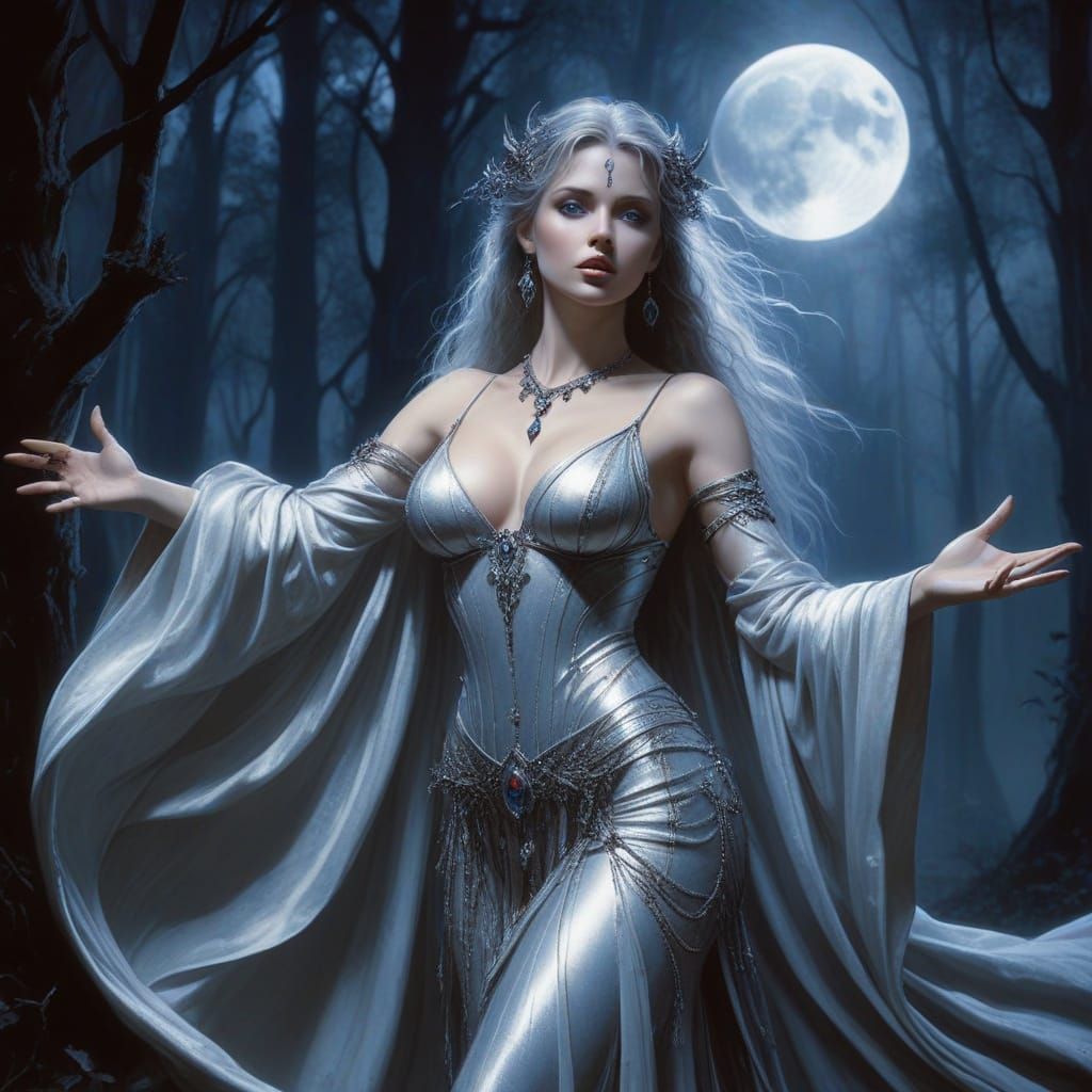 Sorceress in Moonlit Forest, a Fantasy Art Image