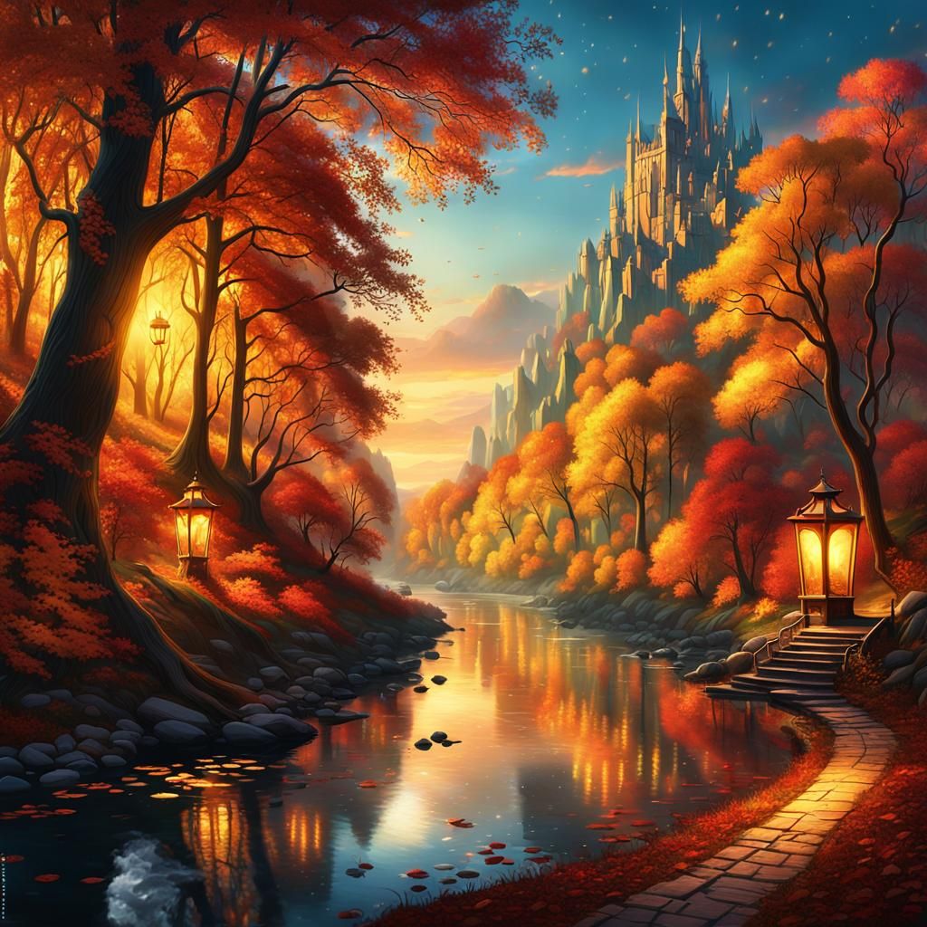 Mystical River Through Autumn Forest at Twilight