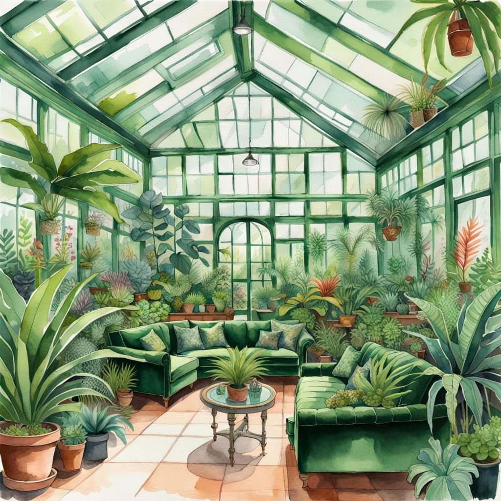 Lush Greenhouse Interior in Botanical Illustration Style
