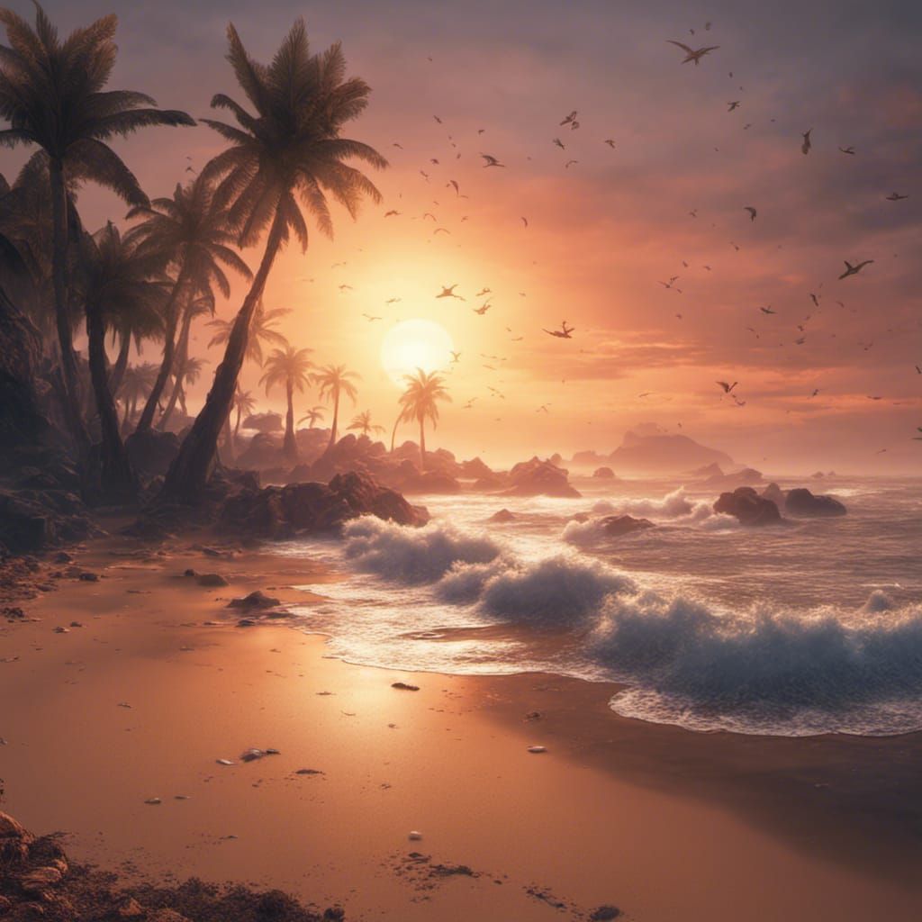 Beach Sunrise in Detailed Matte Painting Style