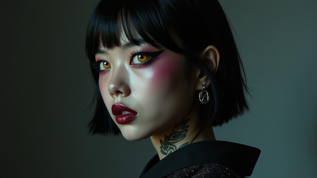 Emo Geisha Skinhead Portrait in Editorial Fashion Photograph...