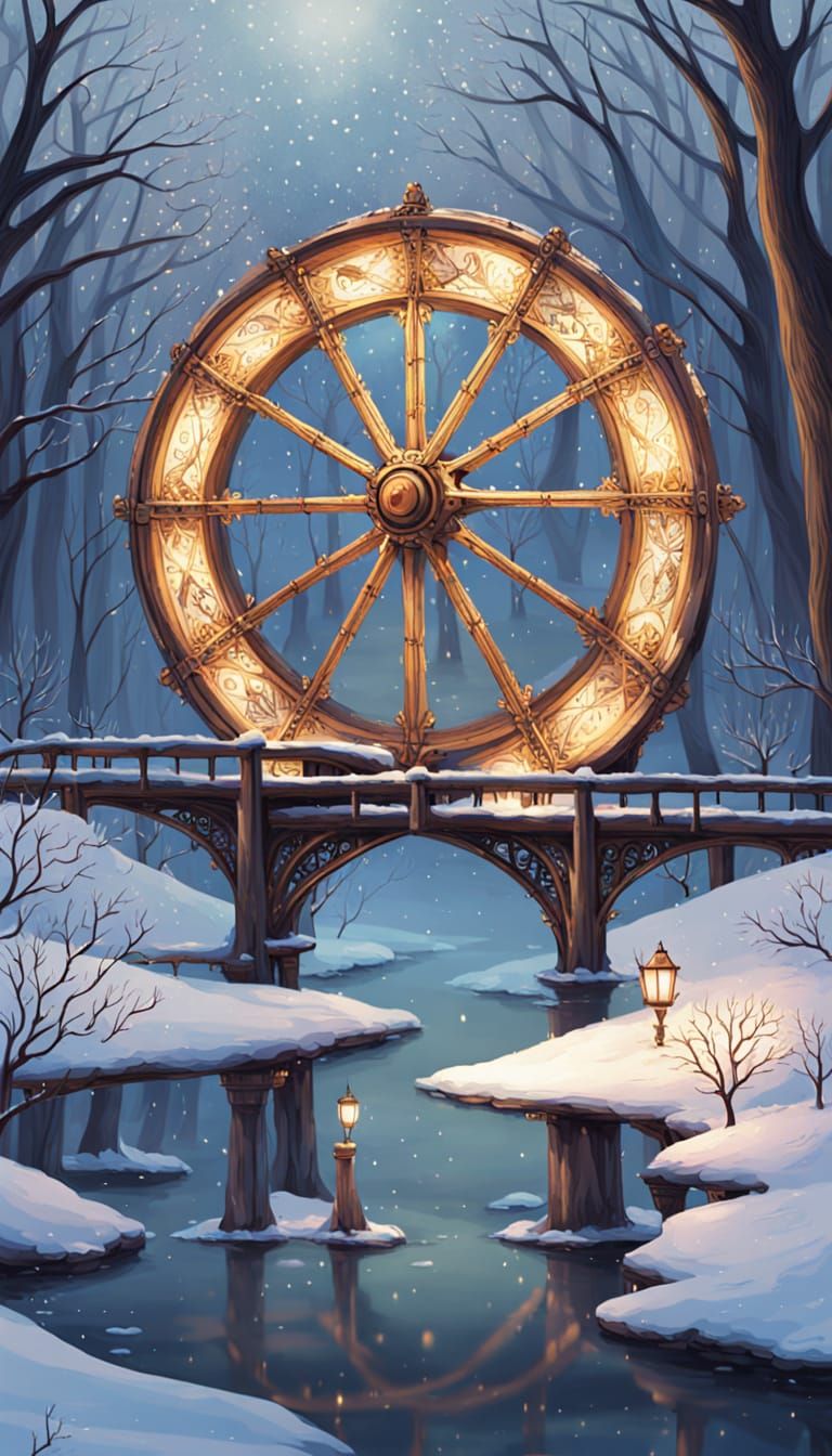 Whimsical Wheel of Fortune in a Serene Winter Wonderland