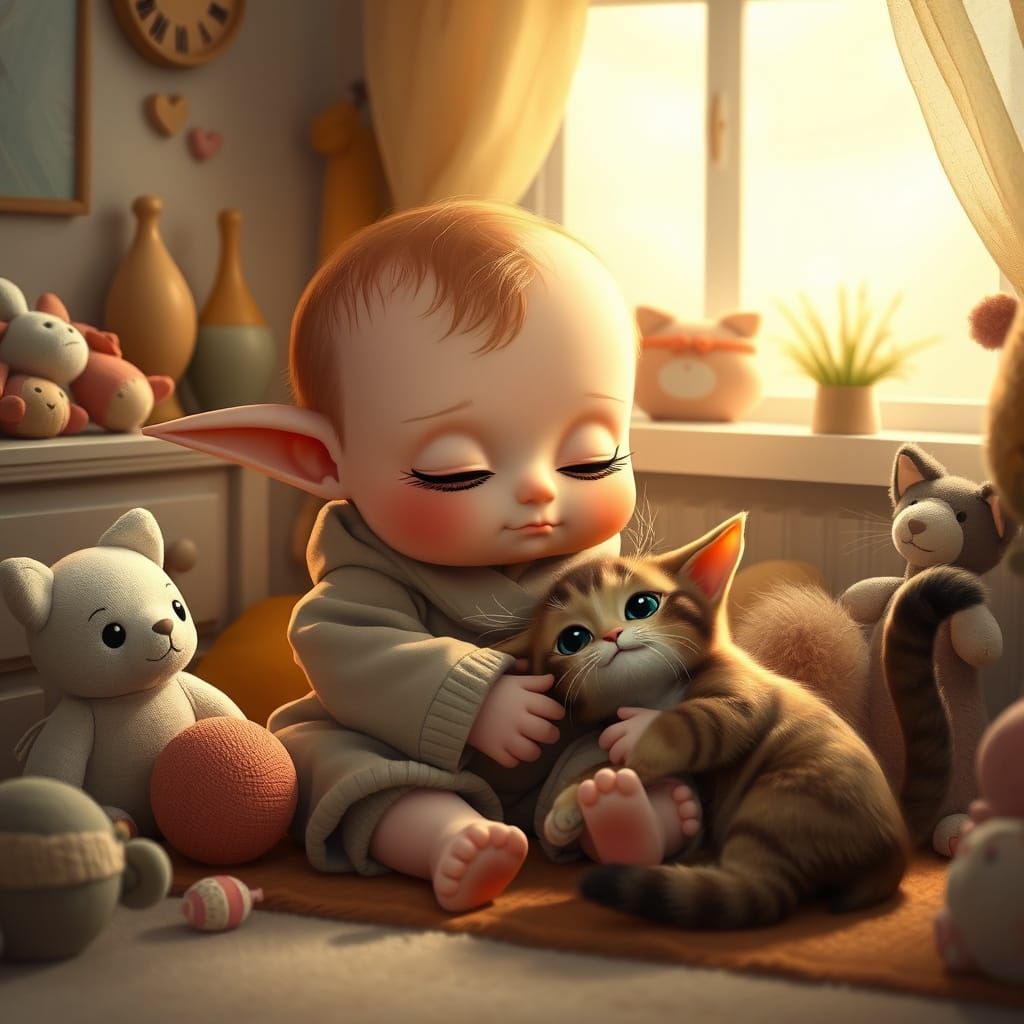 Whimsical Baby Yoda Plays with Curious Cat in Cozy Room