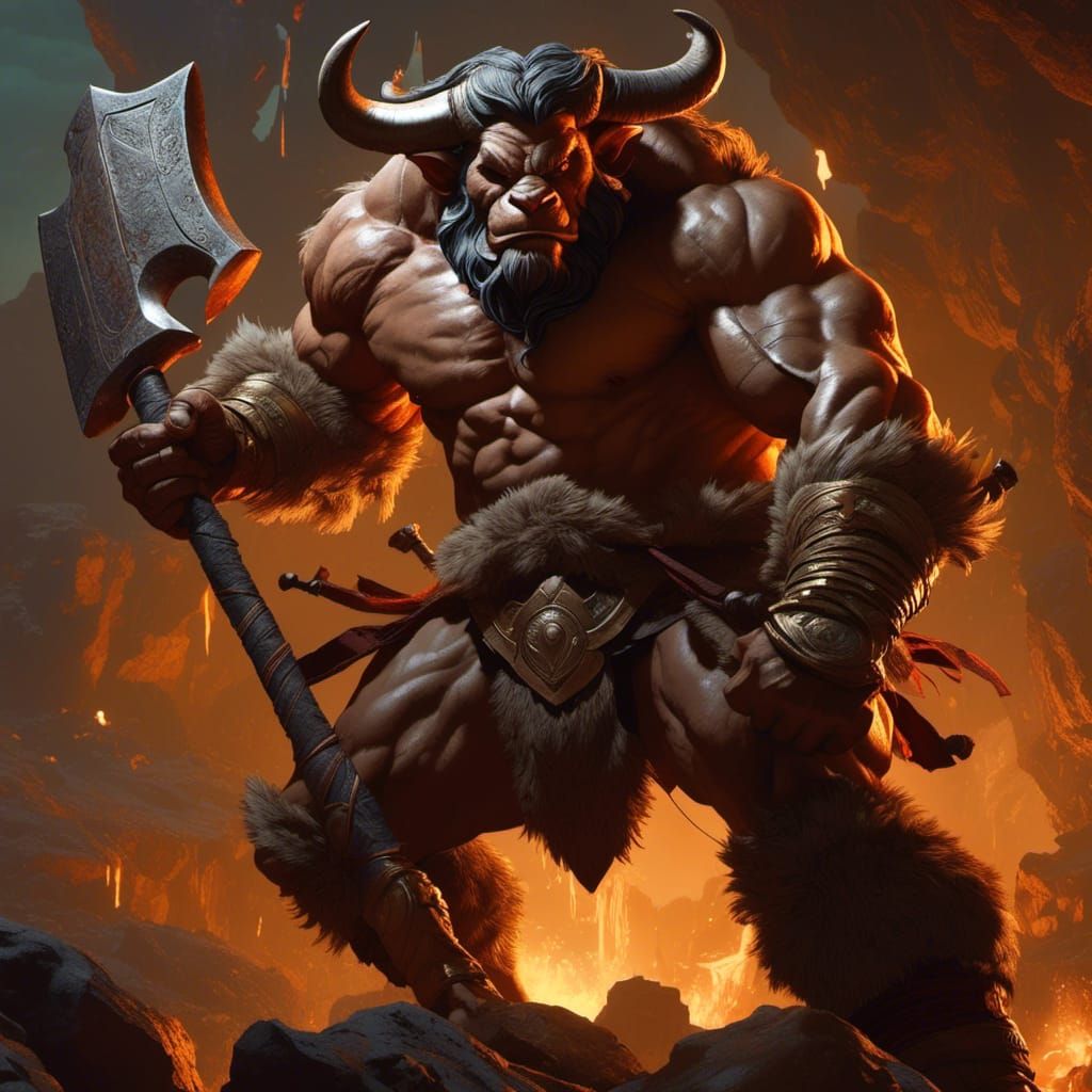 Grizzled Minotaur Warrior in Medieval Axe Fight
