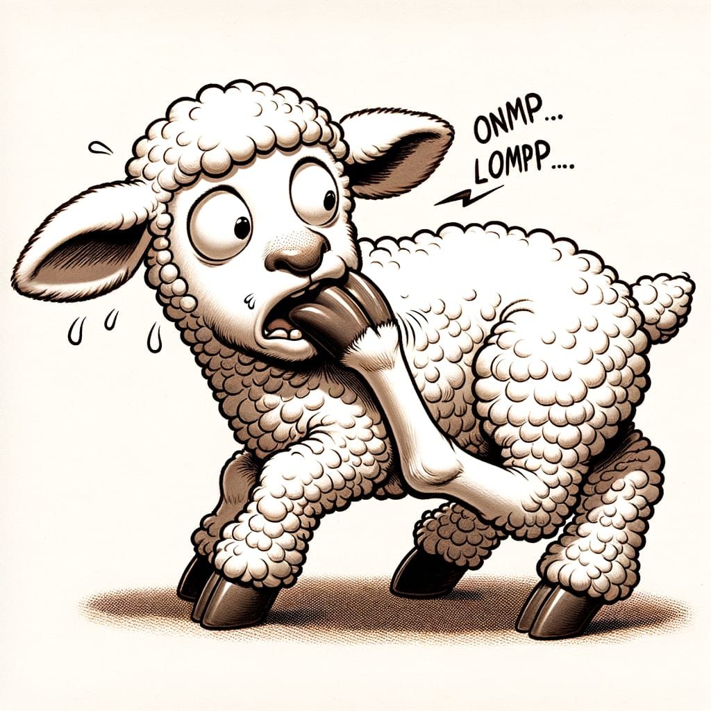 Anxious Lamb Nibbling Hooves: Early 20th Century Cartoon