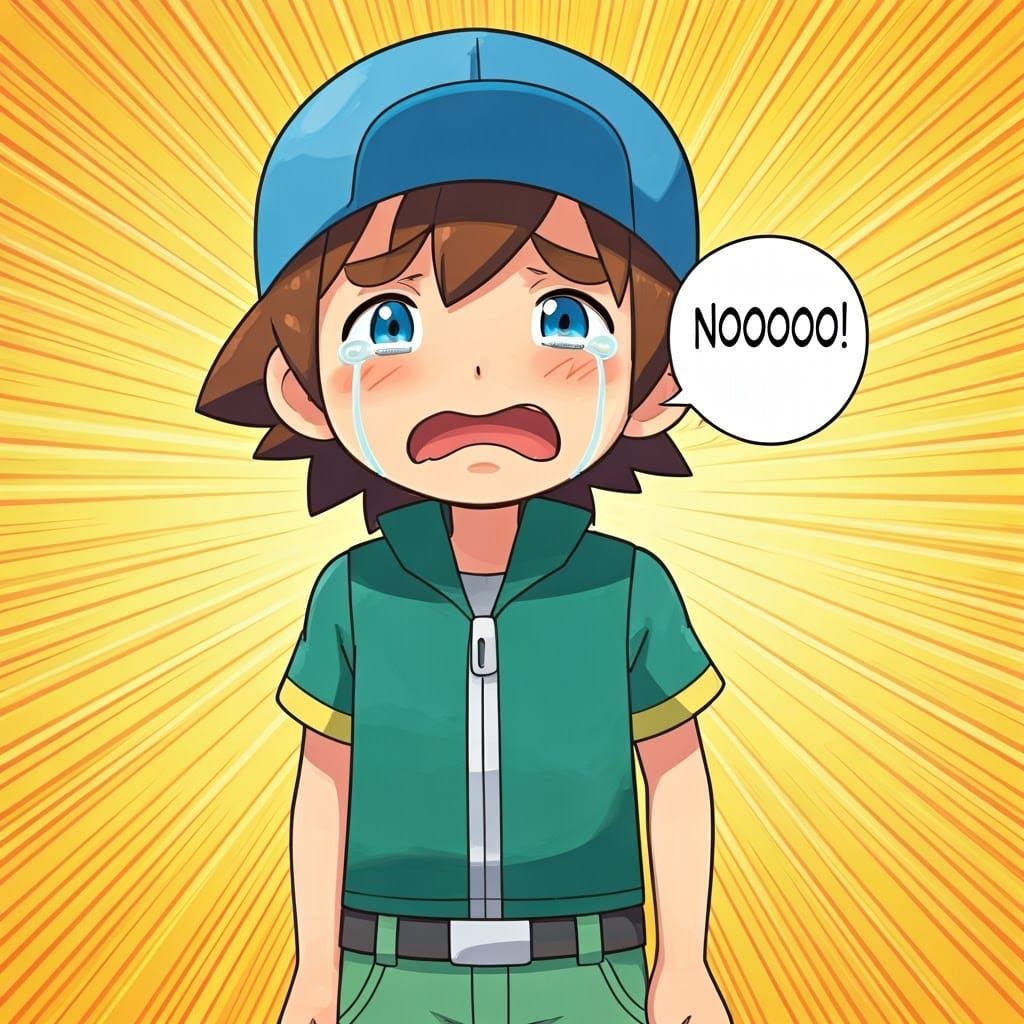 Sad Chibi Pokémon Trainer in Vibrant Anime Style