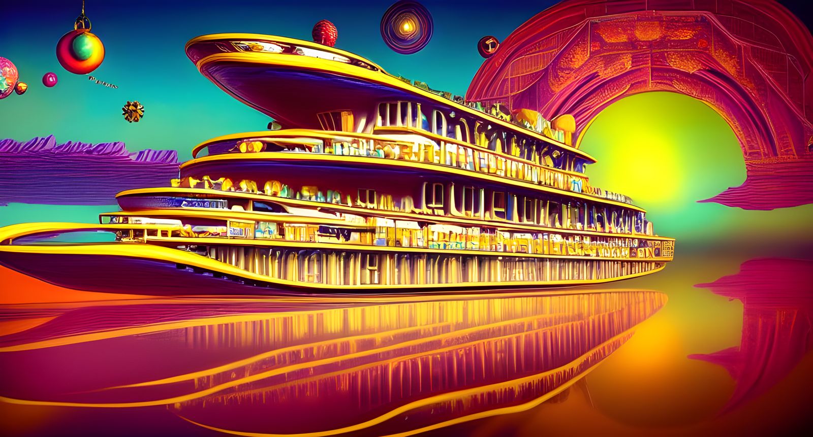 Surreal Cosmic Cruise Ship in Retro Fantasy Style