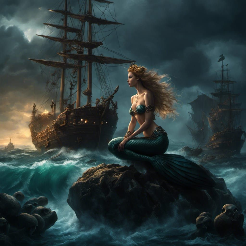 Mermaid in Stormy Sea, Dark Fantasy Concept Art