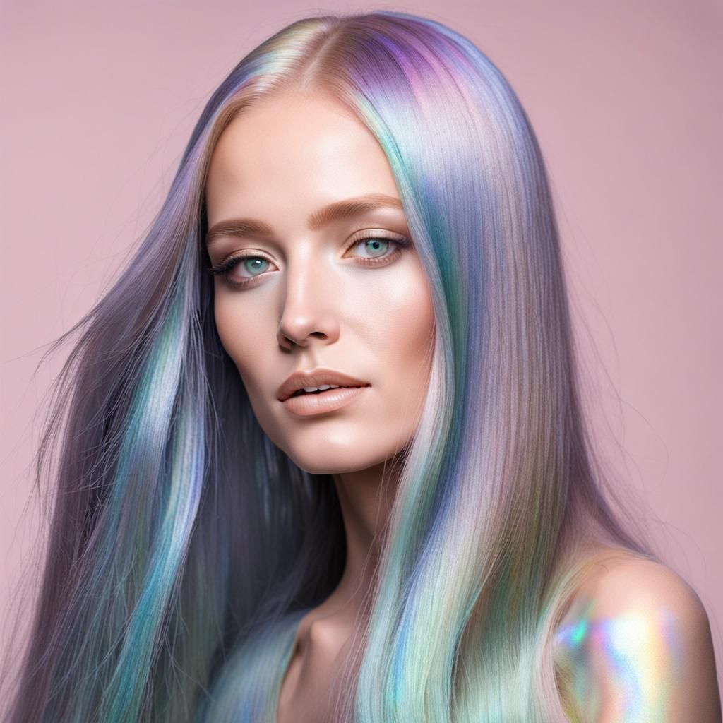 thin beautiful woman with iridescent skin and long iridescent hair