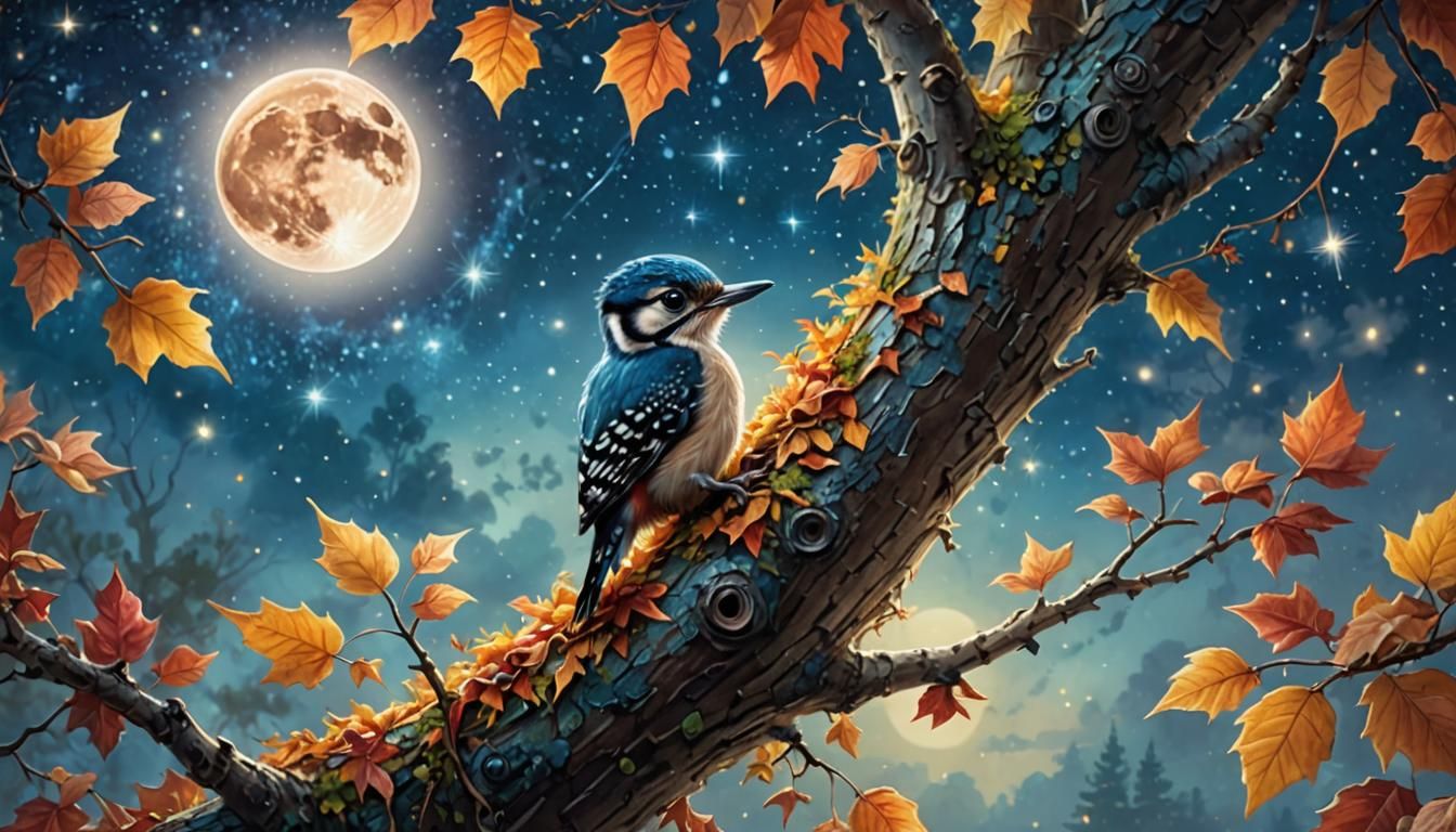 Enchanted Autumn Woodpecker Amidst Sparkling Leaves