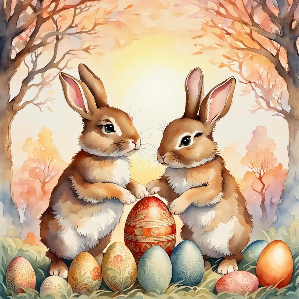 Bunnies with Decorated Eggs in Watercolor Style