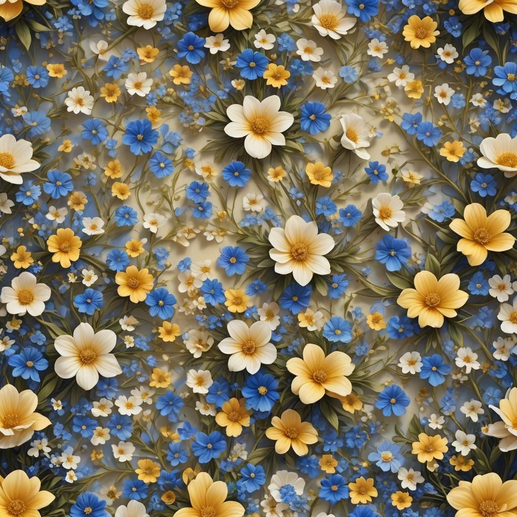 Floral Cream and Blue Background in Matte Painting Style