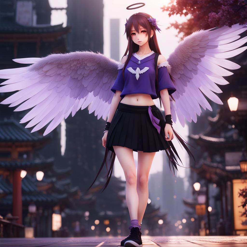 Kawaii Anime Girl with Angel Wings in 3D Style