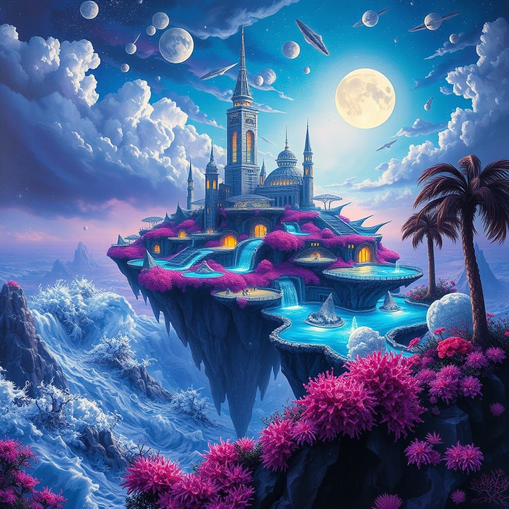 Surreal Floating Island Landscape with Bioluminescent Flora