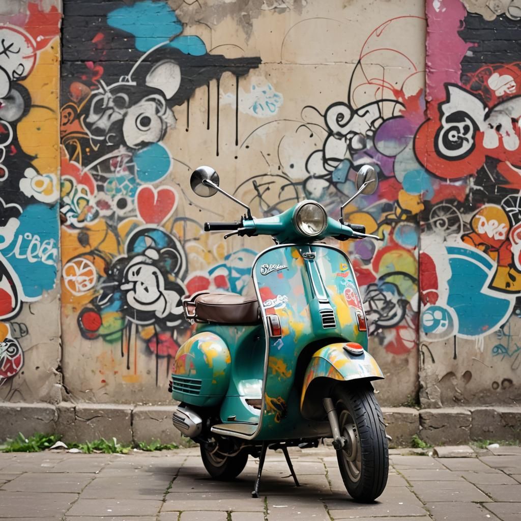 Vintage Vespa Scooter with Graffiti Wall in Watercolor