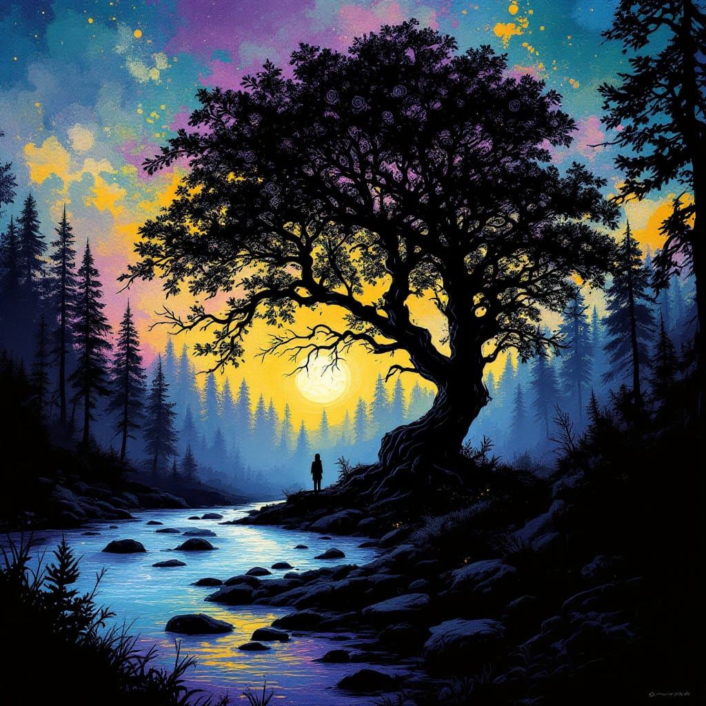 Mystical Forest Landscape with Raven Silhouette in Digital A...