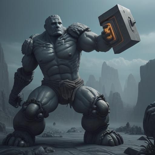 Stone Golem Hero with Giant Hammer in 3D